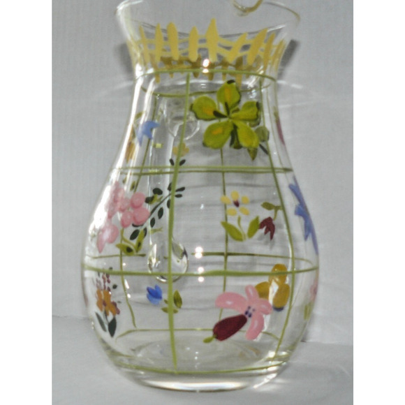 Vintage Hand Blown Pitcher Hand Painted Flowers Fruit Cottage Core - Picture 3 of 5